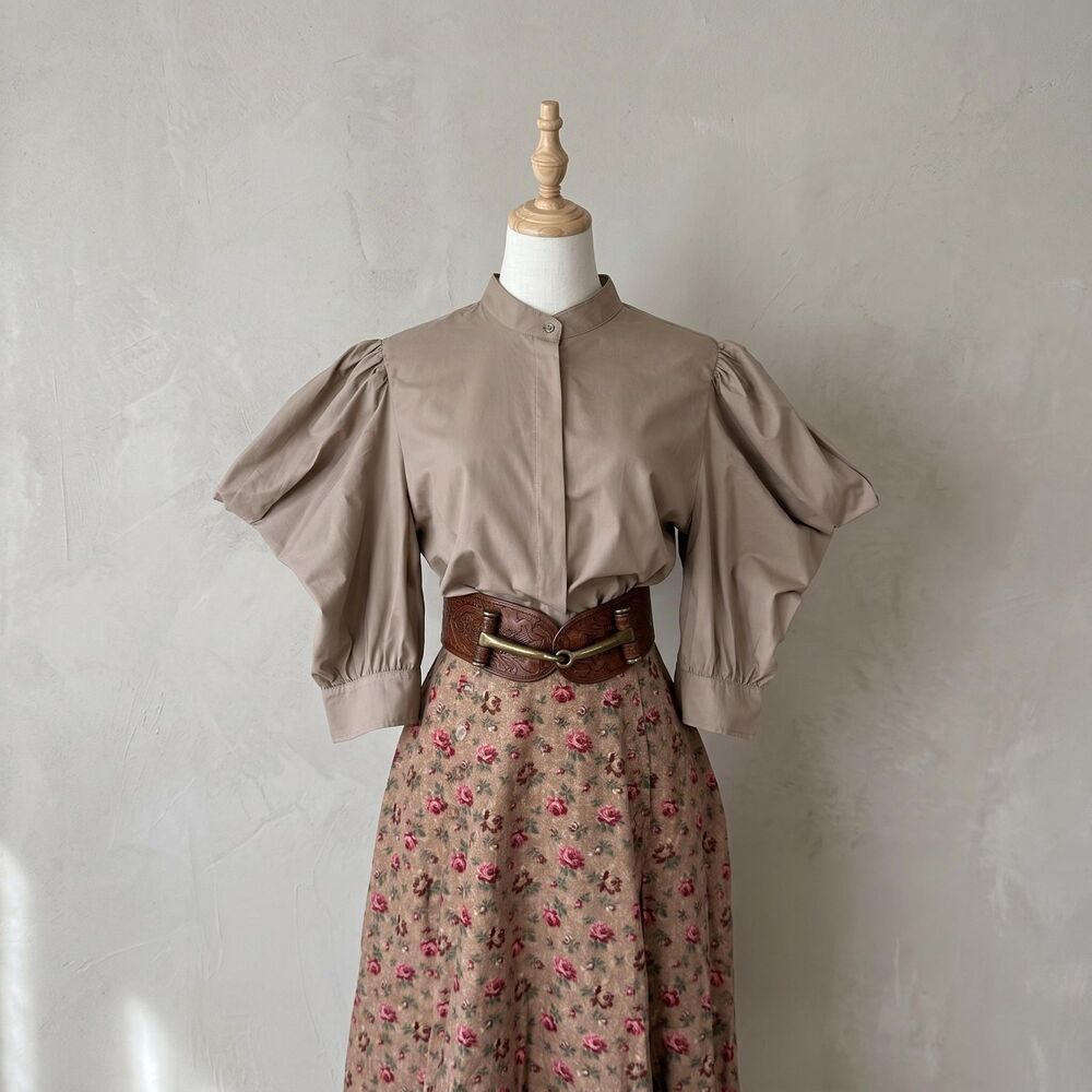NWT Lauren Ralph Lauren Puff Sleeve Broadcloth Shirt in Taupestone | 14